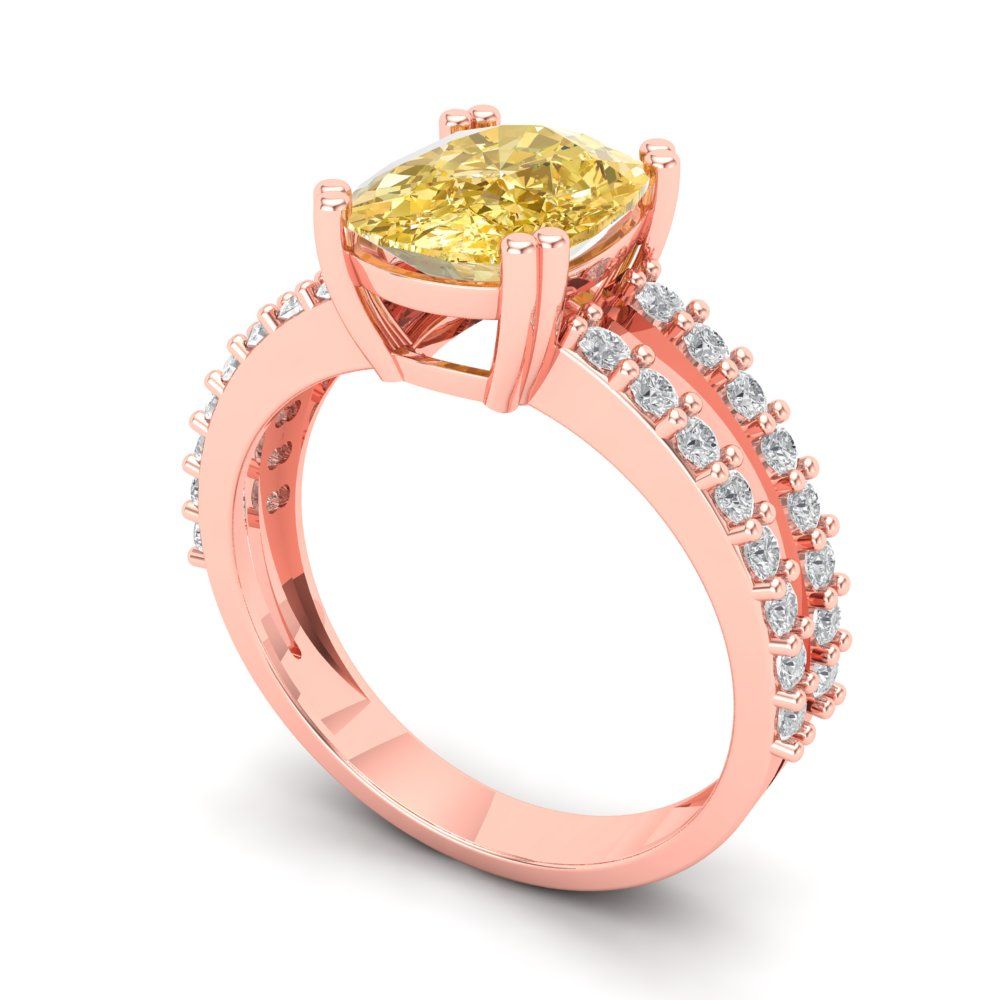 3.96 ct Brilliant Cushion Cut Yellow Simulated Diamond Rose Gold Solitaire with Accents Engagement Ring