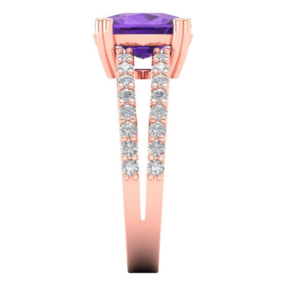 3.48 cttw Natural Amethyst Solitaire with Zirconia Simulated Diamond Accents Engagement Ring - Solid Gold (Long Cushion Cut,9x7mm)