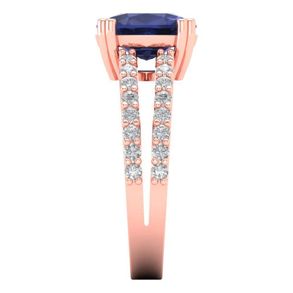 3.48 cttw Simulated Blue Sapphire Solitaire with Zirconia Simulated Diamond Accents Engagement Ring - Solid Gold (Long Cushion Cut,9x7mm)