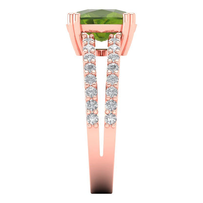 3.48 cttw Natural Peridot Solitaire with Zirconia Simulated Diamond Accents Engagement Ring - Solid Gold (Long Cushion Cut,9x7mm)