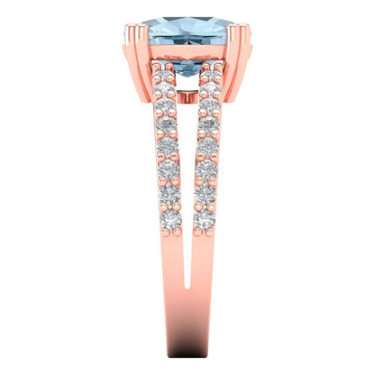 3.48 cttw Natural Sky Blue Topaz Solitaire with Zirconia Simulated Diamond Accents Engagement Ring - Solid Gold (Long Cushion Cut,9x7mm)