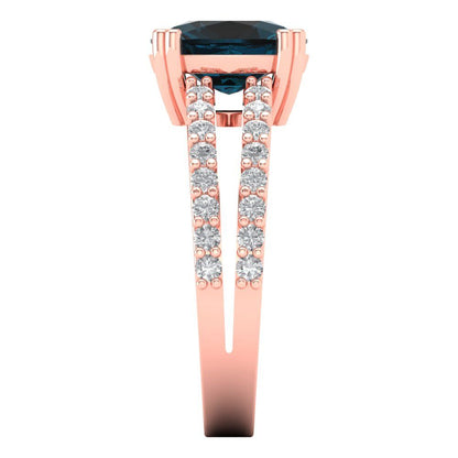 3.48 cttw Natural London Blue Topaz Solitaire with Zirconia Simulated Diamond Accents Engagement Ring - Solid Gold (Long Cushion Cut,9x7mm)