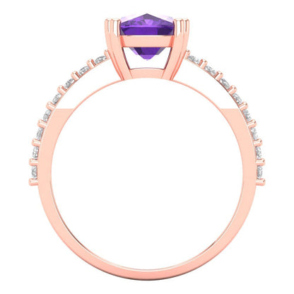 3.48 cttw Natural Amethyst Solitaire with Zirconia Simulated Diamond Accents Engagement Ring - Solid Gold (Long Cushion Cut,9x7mm)