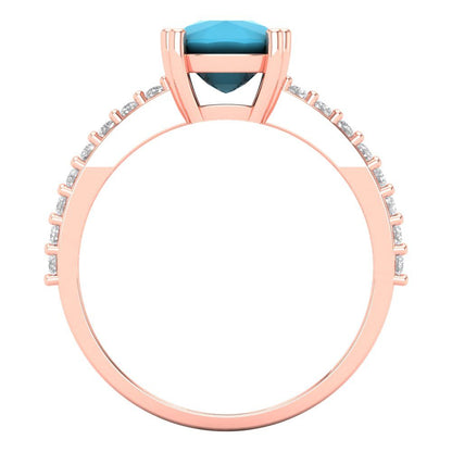 3.48 cttw Simulated Turquoise Solitaire with Zirconia Simulated Diamond Accents Engagement Ring - Solid Gold (Long Cushion Cut,9x7mm)