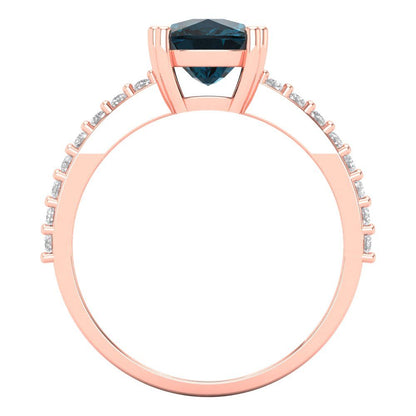 3.48 cttw Natural London Blue Topaz Solitaire with Zirconia Simulated Diamond Accents Engagement Ring - Solid Gold (Long Cushion Cut,9x7mm)