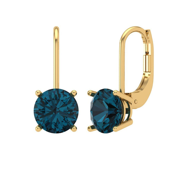 3 ct Brilliant Round Cut Drop Dangle Natural London Blue Topaz Stone Yellow Gold Earrings Lever Back