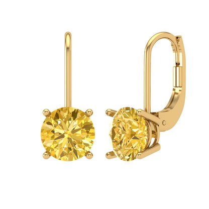 3 ctw Yellow Zirconia Drop Dangle Earrings | 7.5mm Round Cut White Gold Lever Back | April Birthstone