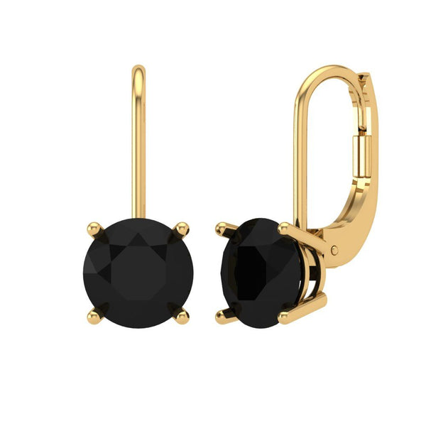 3 ct Brilliant Round Cut Drop Dangle Natural Onyx Stone Yellow Gold Earrings Lever Back