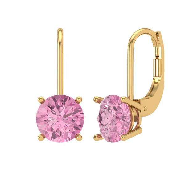 3 ct Brilliant Round Cut Drop Dangle Pink Simulated Diamond Stone Yellow Gold Earrings Lever Back