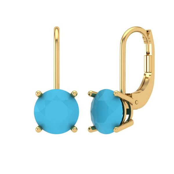 3 ct Brilliant Round Cut Drop Dangle Simulated Turquoise Stone Yellow Gold Earrings Lever Back