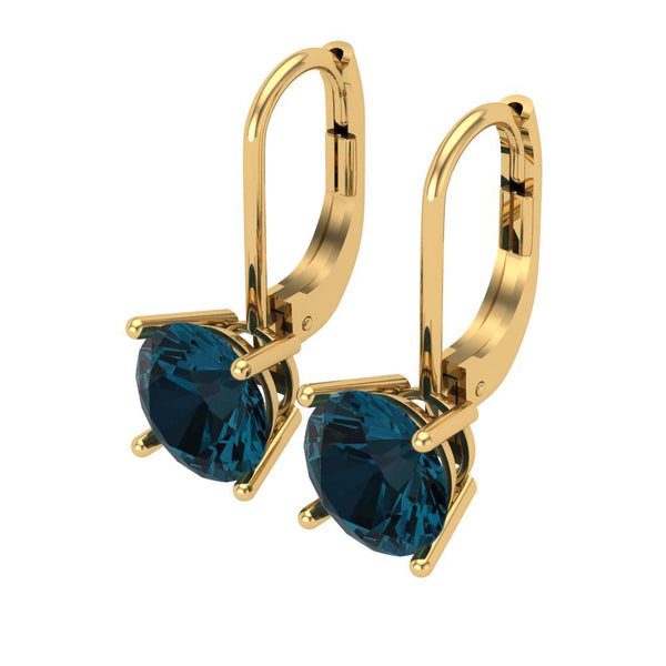 3 ct Brilliant Round Cut Drop Dangle Natural London Blue Topaz Stone Yellow Gold Earrings Lever Back