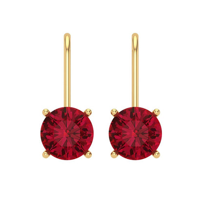 3 ctw Ruby Drop Dangle Earrings | 7.5mm Round Cut White Gold Lever Back | July Birthstone