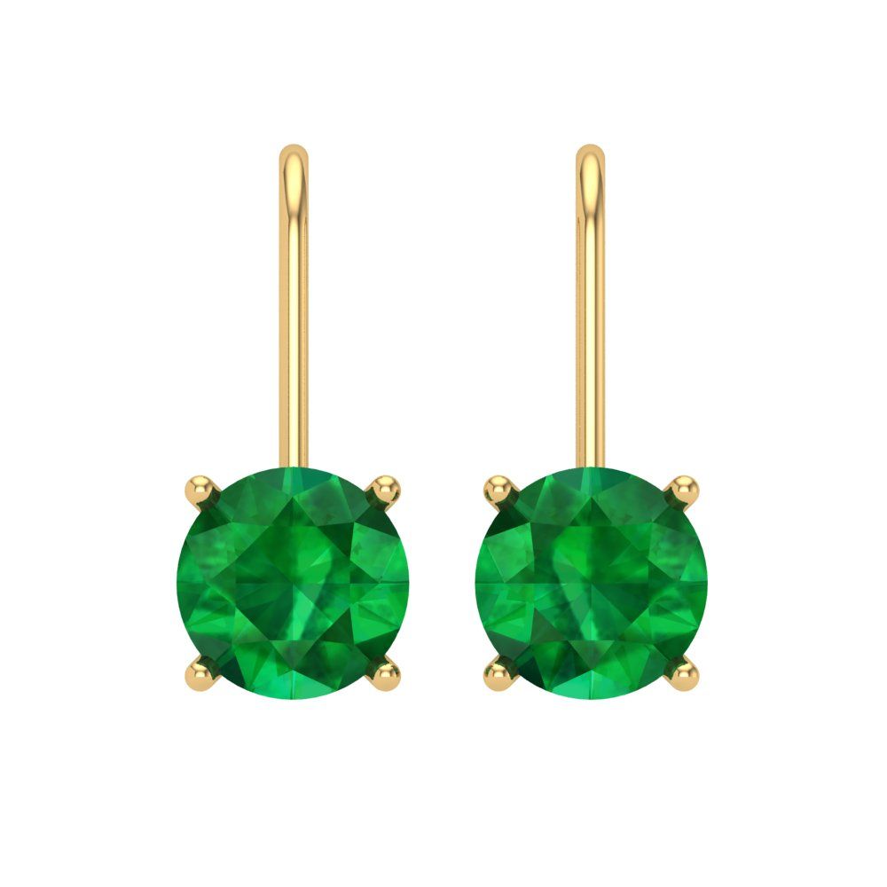 3 ctw Emerald Drop Dangle Earrings | 7.5mm Round Cut White Gold Lever Back | May Birthstone