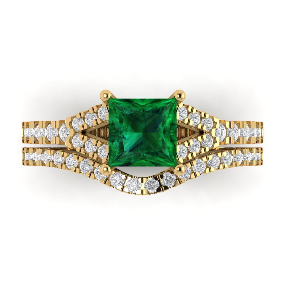 3.4 cttw Princess Cut Simulated Emerald Bridal Set - Solid Yellow Gold Engagement Ring & Wedding Band