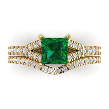 3.4 cttw Princess Cut Simulated Emerald Bridal Set - Solid Yellow Gold Engagement Ring & Wedding Band