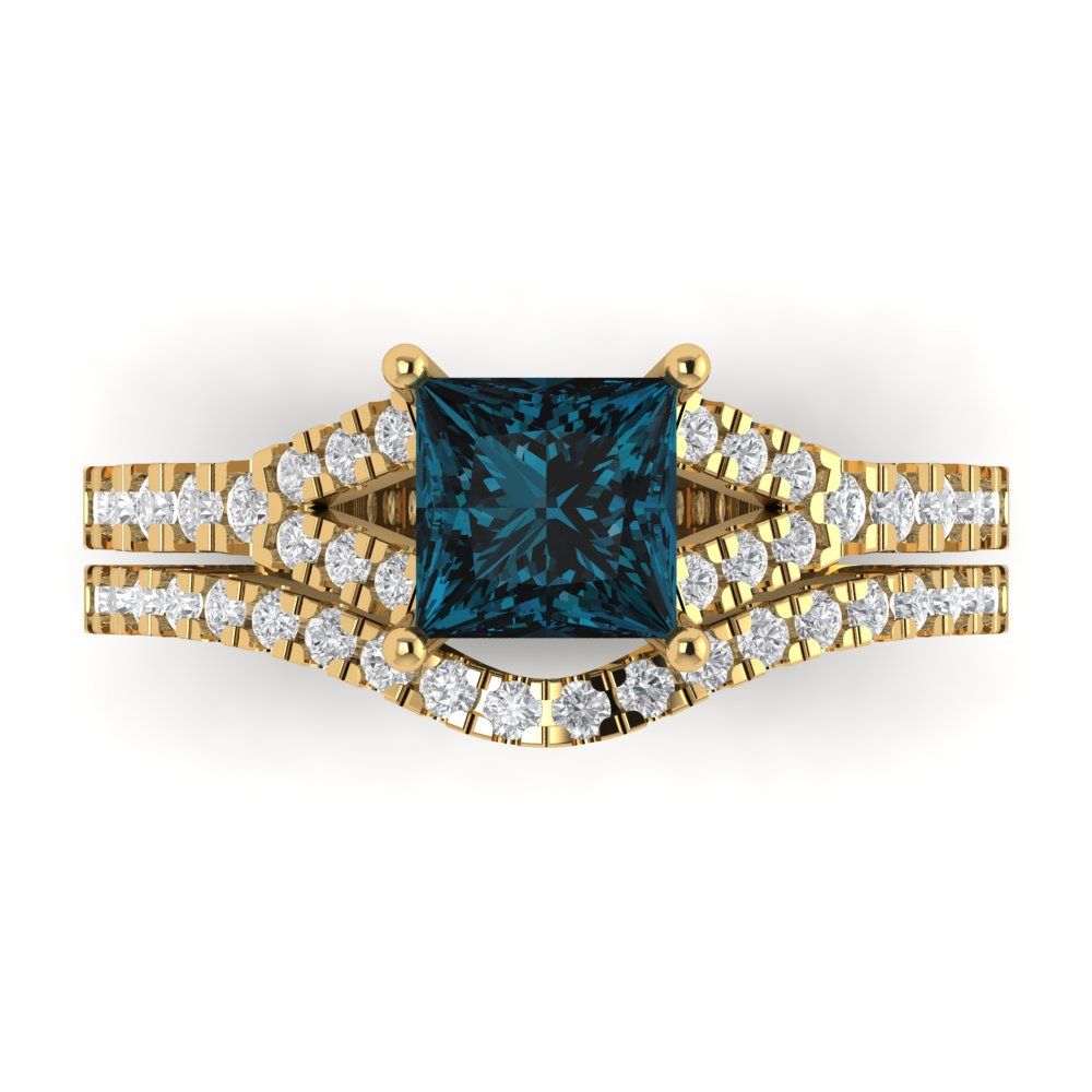 3.4 cttw Princess Cut Natural London Blue Topaz Bridal Set - Solid Yellow Gold Engagement Ring & Wedding Band
