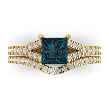 3.4 cttw Princess Cut Natural London Blue Topaz Bridal Set - Solid Yellow Gold Engagement Ring & Wedding Band