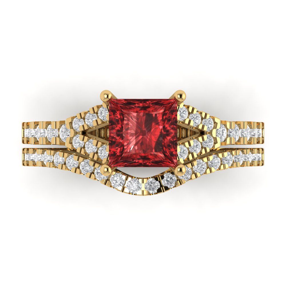 3.4 cttw Princess Cut Natural Garnet Bridal Set - Solid Yellow Gold Engagement Ring & Wedding Band