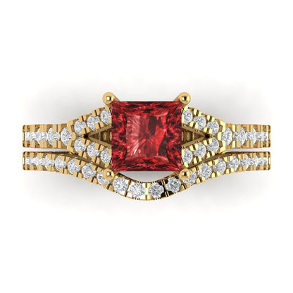 3.4 cttw Princess Cut Natural Garnet Bridal Set - Solid Yellow Gold Engagement Ring & Wedding Band