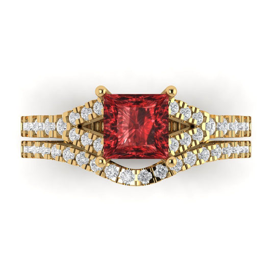 3.4 cttw Princess Cut Natural Garnet Bridal Set - Solid Yellow Gold Engagement Ring & Wedding Band