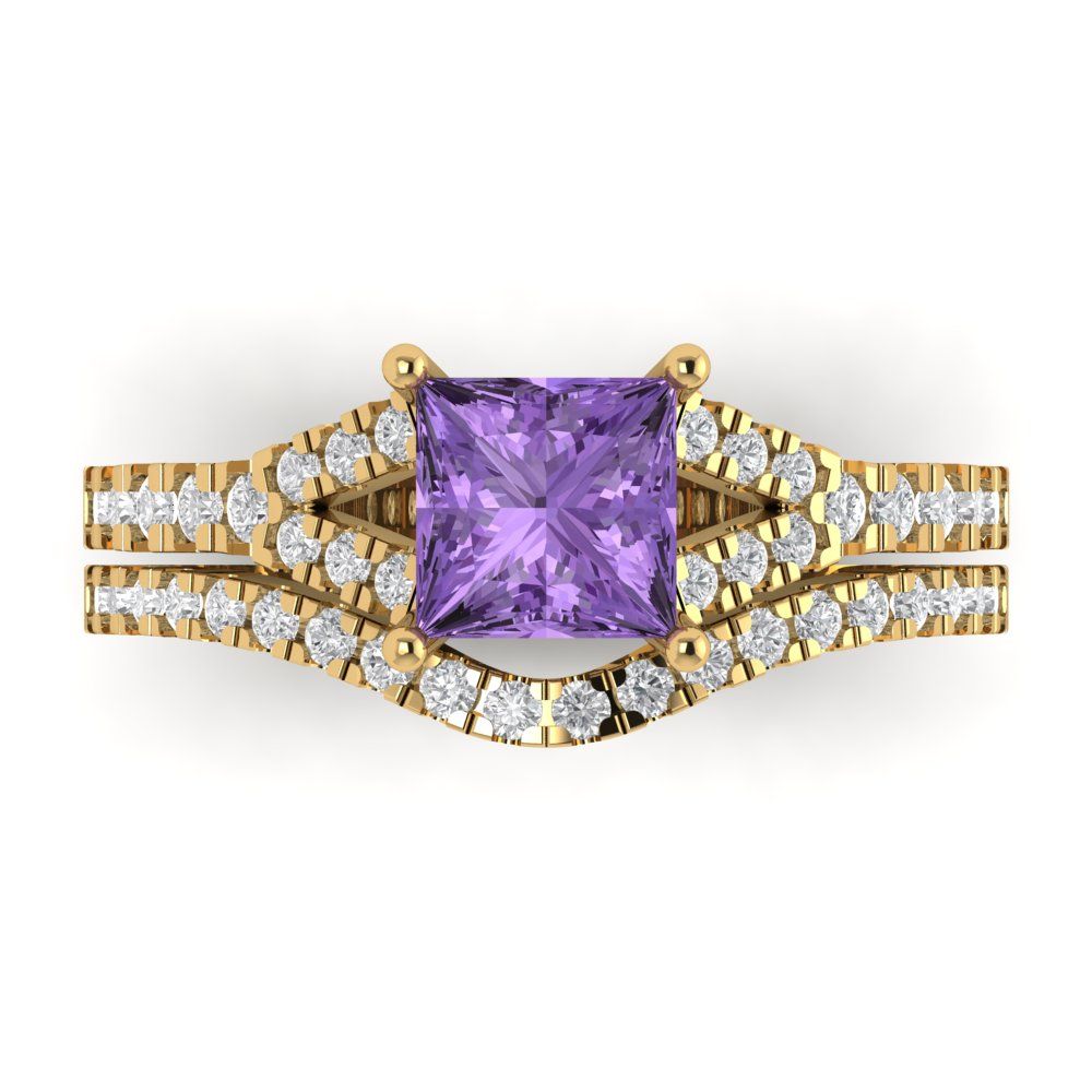 3.4 cttw Princess Cut Simulated Alexandrite Bridal Set - Solid Yellow Gold Engagement Ring & Wedding Band