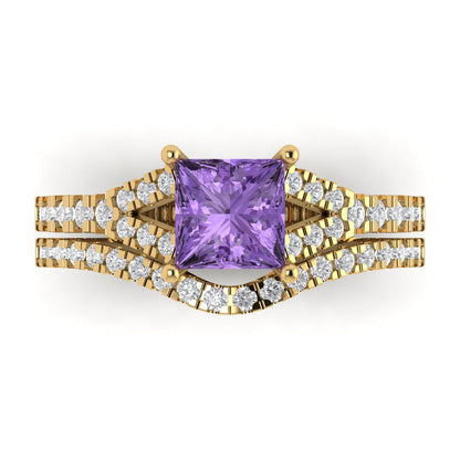 3.4 cttw Princess Cut Simulated Alexandrite Bridal Set - Solid Yellow Gold Engagement Ring & Wedding Band