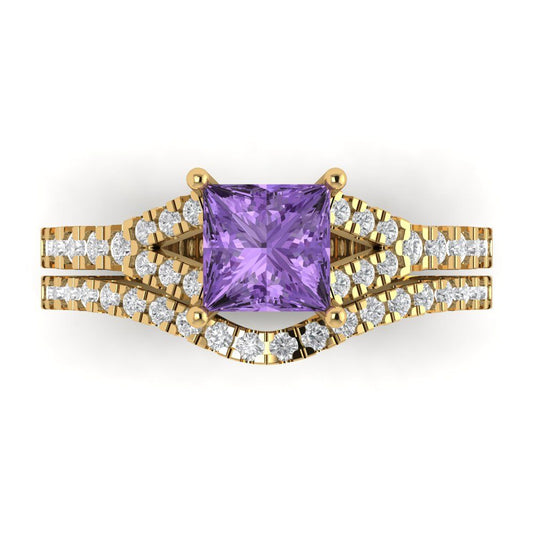 3.4 cttw Princess Cut Simulated Alexandrite Bridal Set - Solid Yellow Gold Engagement Ring & Wedding Band