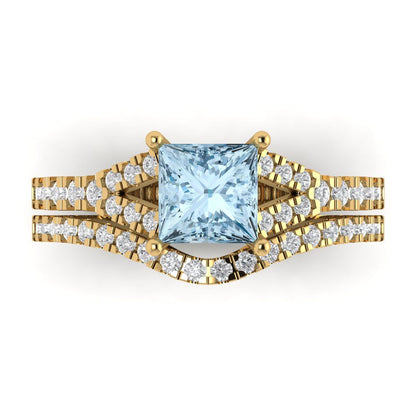 3.4 cttw Princess Cut Natural Swiss Blue Topaz Bridal Set - Solid Yellow Gold Engagement Ring & Wedding Band