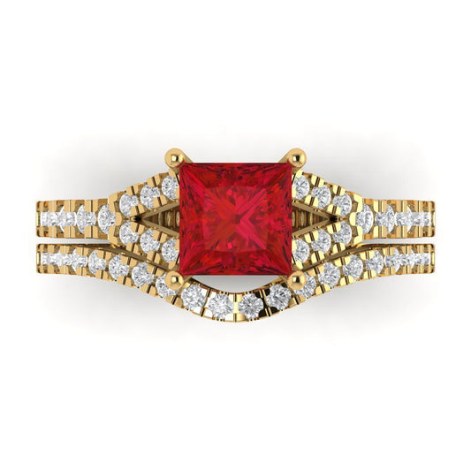 3.4 cttw Princess Cut Simulated Ruby Bridal Set - Solid Yellow Gold Engagement Ring & Wedding Band