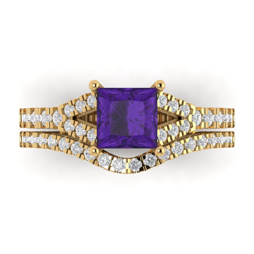 3.4 cttw Princess Cut Natural Amethyst Bridal Set - Solid Yellow Gold Engagement Ring & Wedding Band