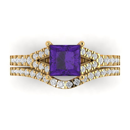 3.4 cttw Princess Cut Natural Amethyst Bridal Set - Solid Yellow Gold Engagement Ring & Wedding Band