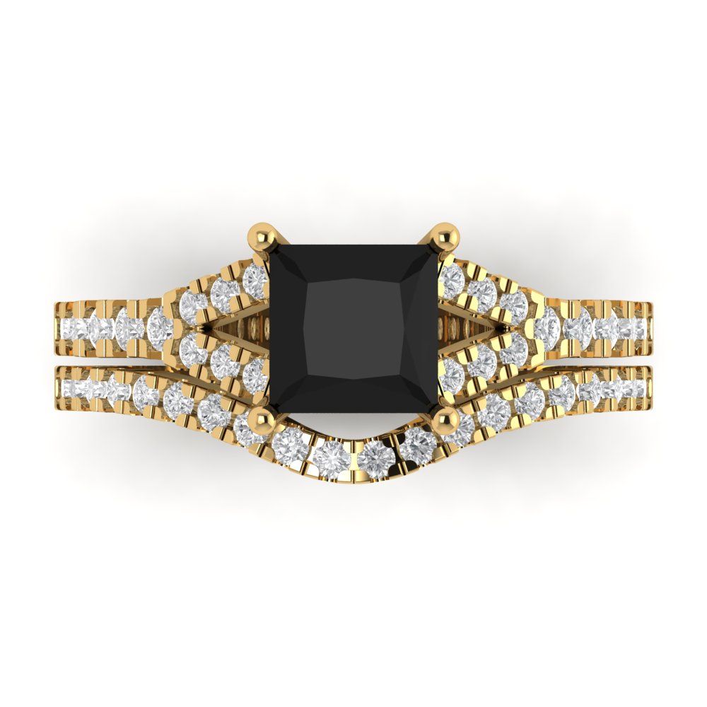 3.4 cttw Princess Cut Natural Onyx Bridal Set - Solid Yellow Gold Engagement Ring & Wedding Band