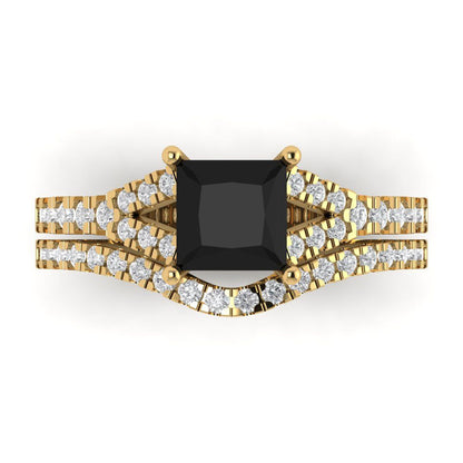 3.4 cttw Princess Cut Natural Onyx Bridal Set - Solid Yellow Gold Engagement Ring & Wedding Band