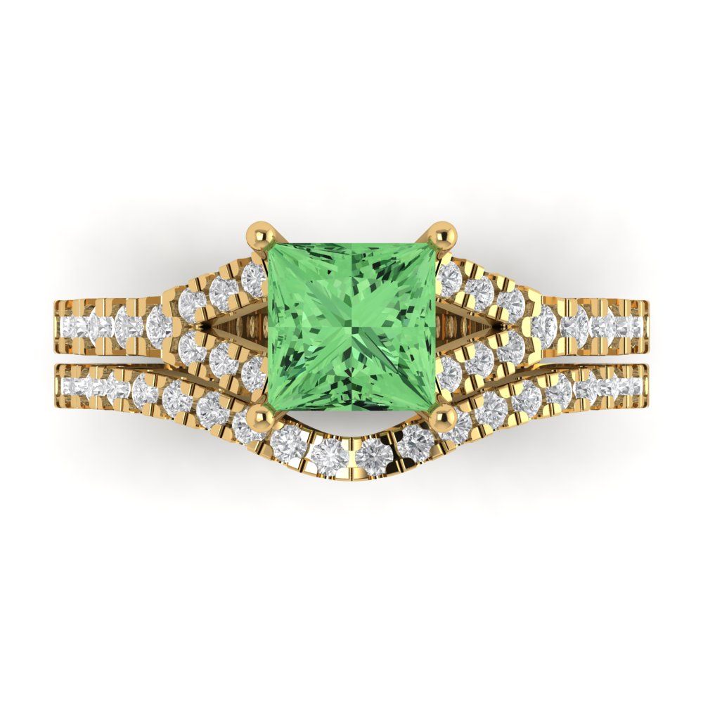 3.4 cttw Princess Cut Simulated Green Diamond Bridal Set - Solid Yellow Gold Engagement Ring & Wedding Band