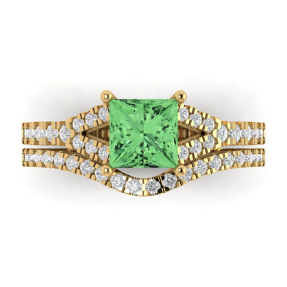 3.4 cttw Princess Cut Simulated Green Diamond Bridal Set - Solid Yellow Gold Engagement Ring & Wedding Band