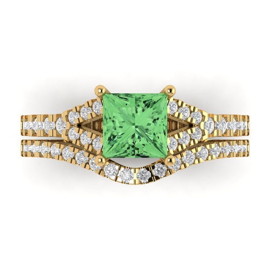 3.4 cttw Princess Cut Simulated Green Diamond Bridal Set - Solid Yellow Gold Engagement Ring & Wedding Band
