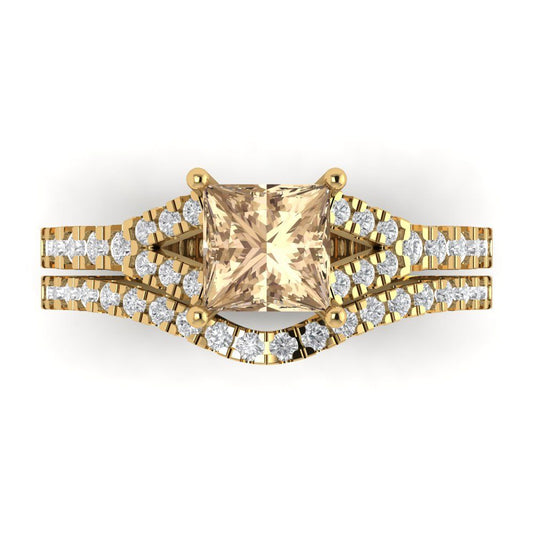 3.4 cttw Princess Cut Yellow Moissanite Bridal Set - Solid Yellow Gold Engagement Ring & Wedding Band