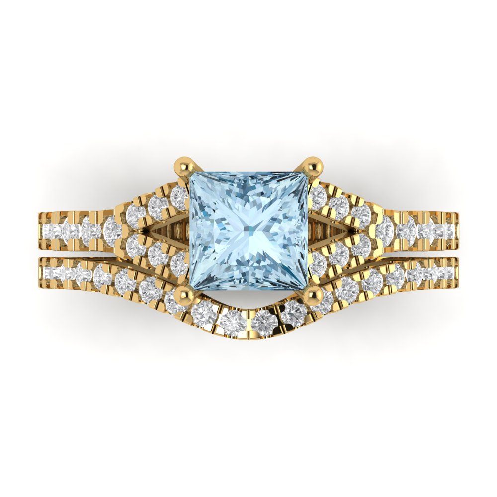 3.4 cttw Princess Cut Natural Sky Blue Topaz Bridal Set - Solid Yellow Gold Engagement Ring & Wedding Band