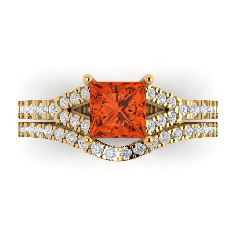 3.4 cttw Princess Cut Simulated Red Diamond Bridal Set - Solid Yellow Gold Engagement Ring & Wedding Band