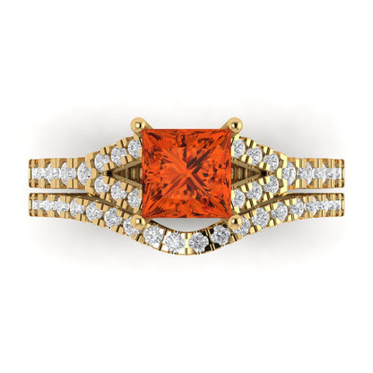 3.4 cttw Princess Cut Simulated Red Diamond Bridal Set - Solid Yellow Gold Engagement Ring & Wedding Band