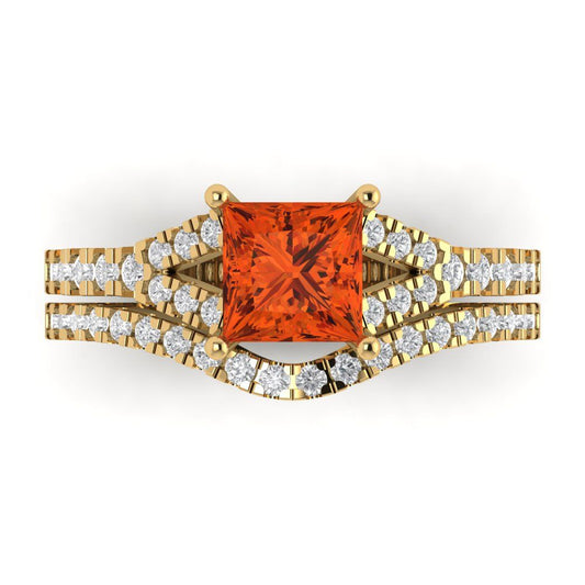 3.4 cttw Princess Cut Simulated Red Diamond Bridal Set - Solid Yellow Gold Engagement Ring & Wedding Band
