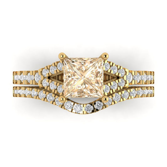 3.4 cttw Princess Cut Natural Morganite Bridal Set - Solid Yellow Gold Engagement Ring & Wedding Band