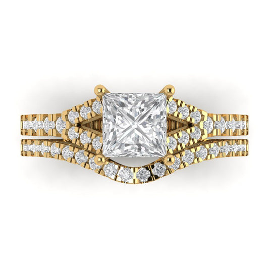 3.4 cttw Princess Cut White Sapphire Bridal Set - Solid Yellow Gold Engagement Ring & Wedding Band