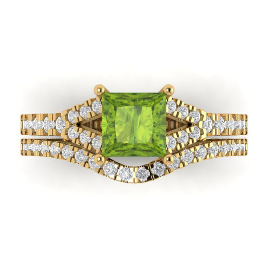 3.4 cttw Princess Cut Natural Peridot Bridal Set - Solid Yellow Gold Engagement Ring & Wedding Band
