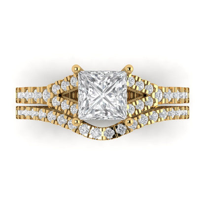 3.4 cttw Princess Cut Zirconia Simulated Diamond Bridal Set - Solid Yellow Gold Engagement Ring & Wedding Band