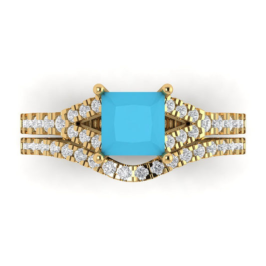 3.4 cttw Princess Cut Simulated Turquoise Bridal Set - Solid Yellow Gold Engagement Ring & Wedding Band