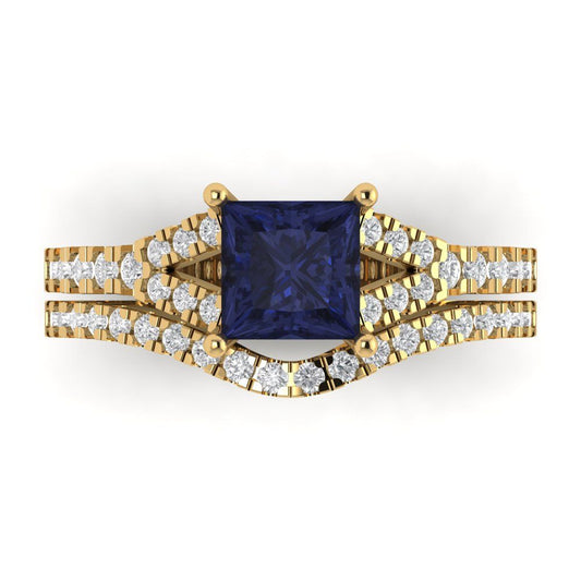 3.4 cttw Princess Cut Simulated Blue Sapphire Bridal Set - Solid Yellow Gold Engagement Ring & Wedding Band