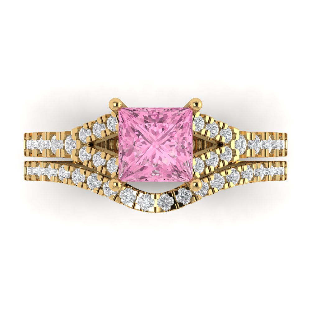 3.4 cttw Princess Cut Simulated Pink Diamond Bridal Set - Solid Yellow Gold Engagement Ring & Wedding Band