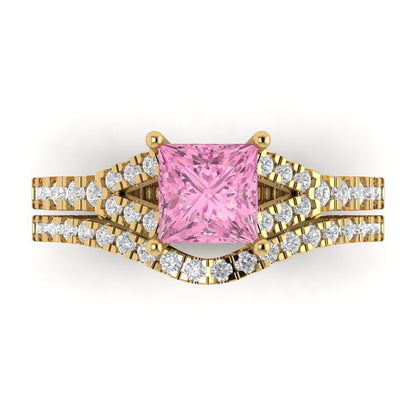 3.4 cttw Princess Cut Simulated Pink Diamond Bridal Set - Solid Yellow Gold Engagement Ring & Wedding Band