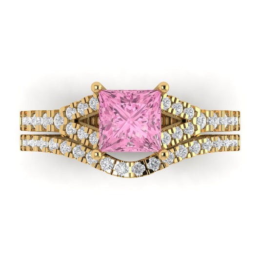3.4 cttw Princess Cut Simulated Pink Diamond Bridal Set - Solid Yellow Gold Engagement Ring & Wedding Band